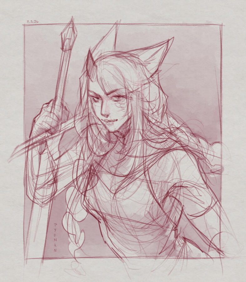 A fox girl dangerously leaning on a sword like no body's business